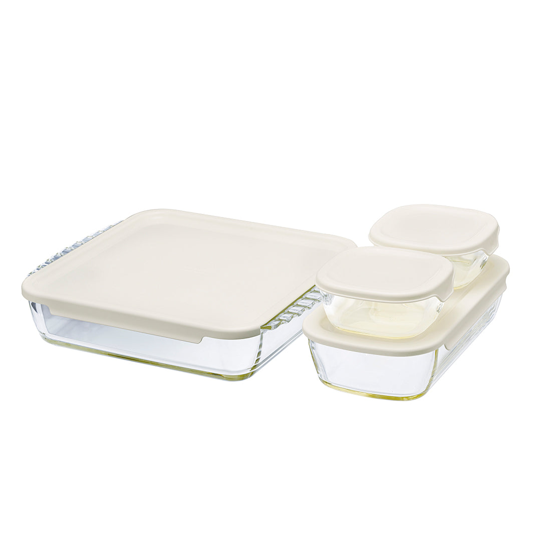 スタッキング耐熱ガラスコンテナ・スクエア 4個セット –食品保存容器