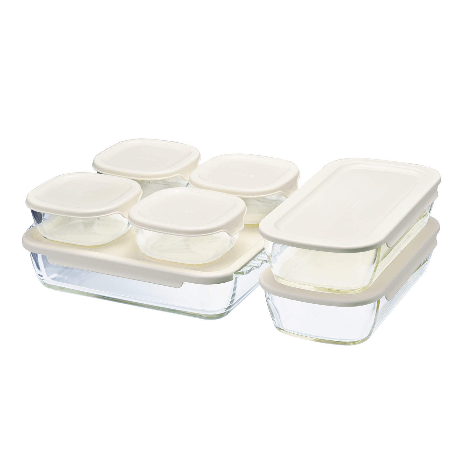Tupperware 保存容器 10個セット クリーム色 透明 スタッキング耐熱ガラスコンテナ・スクエア 7個セット –食品保存容器